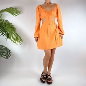 Y2K Style Orange Coastal Grandma Cottagecore Cut Out Linen Mini Dress / Size: L